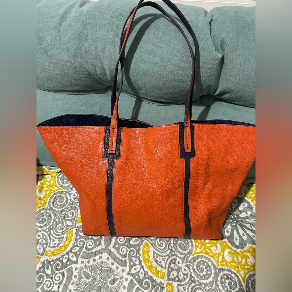 Smythson Orange and Navy Leather Tote